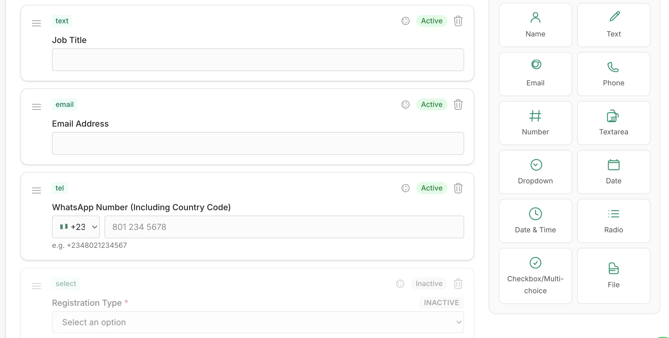 The Axly registration builder, showing form fields and the field palette